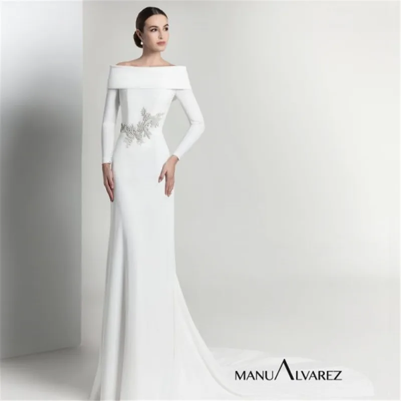 2022 New Elegant Boat Neck Mermaid Wedding Dresses Luxury Appliques Draped Bridal Gown Chiffion Robe de Mariee 
2022 New Elegant Boat Neck Mermaid Wedding Dresses Luxury Appliques Draped Bridal Gown Chiffion Robe de Mariee