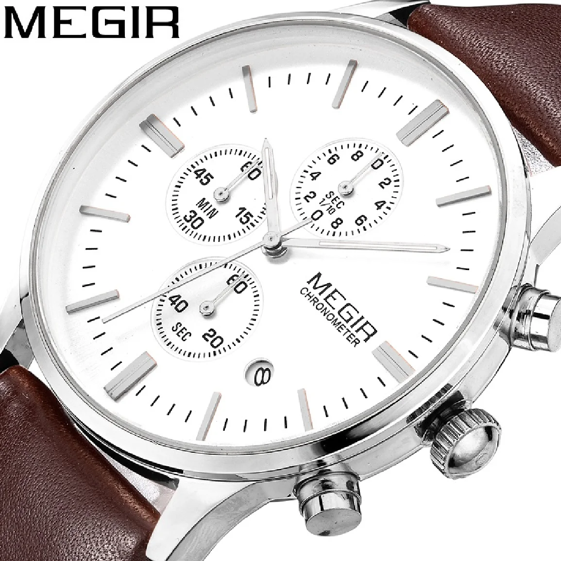 

Часы наручные Megir Мужские кварцевые, оригинальные светящиеся водонепроницаемые спортивные, с кожаным ремешком, с хронографом