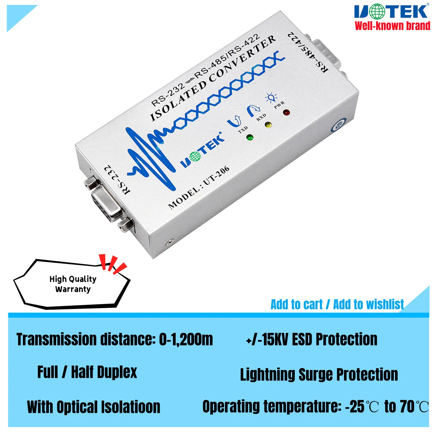 UOTEK RS-232 to RS-485 RS-422 Converter RS422 RS485 to RS232 Adapter DB9 Com Connector Optical Isolated ESD Anti-Surge UT-206
UOTEK RS-232 to RS-485 RS-422 Converter RS422 RS485 to RS232 Adapter DB9 Com Connector Optical Isolated ESD Anti-Surge UT-206
