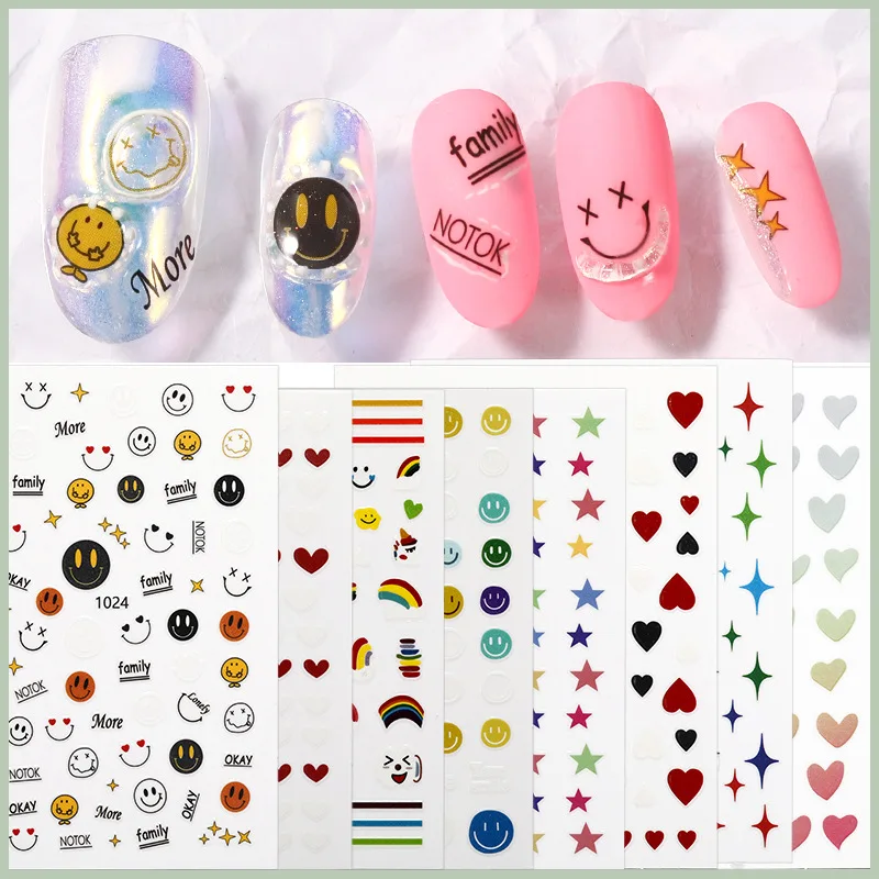 3Sheets Nail Art Stickers Cartoon Smiley Love Heart Rainbow Stars Self-adhesive Nail Decals DIY Manicure Decorations Accessories
3Sheets Nail Art Stickers Cartoon Smiley Love Heart Rainbow Stars Self-adhesive Nail Decals DIY Manicure Decorations Accessories