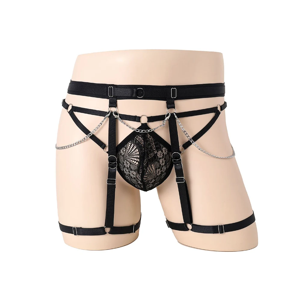 

Sexy Men Sissy Erotic Lingerie Lace Leg Garter Thong Gay Male G-String Jockstrap Solid Briefs Hollow Out Open Butt Underwear