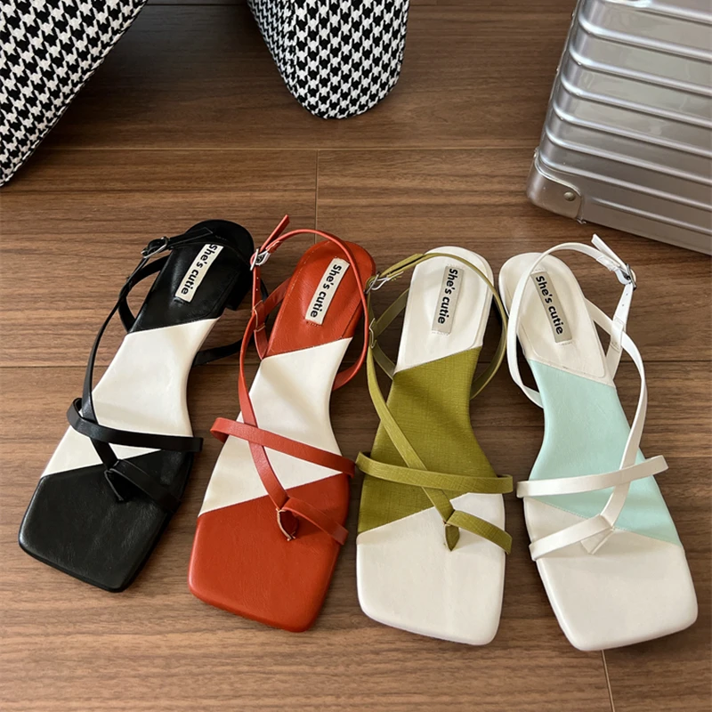 

SUOJIALUN 2023 Summer New Mix Color Women Sandal Fashion Narrow Band Ladies Gladiator Shoes Square Low Heel Outdoor Dress Slides