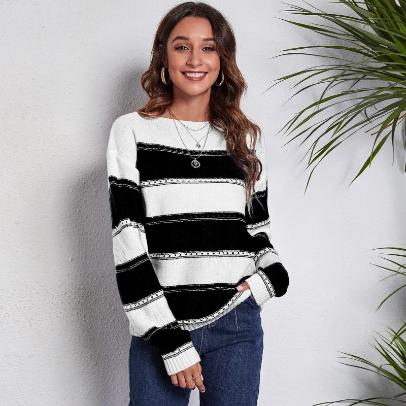 One Line Neck Stripe Hollow Out Knitted Sweater Women's Clothing Autumn Winter New Long Sleeve Stripe Loose Tops Urban Leisure
One Line Neck Stripe Hollow Out Knitted Sweater Women's Clothing Autumn Winter New Long Sleeve Stripe Loose Tops Urban Leisure