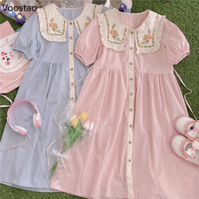 Japanese Sweet Chic Puff Sleeve Lolita Princess Dress Mori Girl Floral Embroidery Ruffles Peter Pan Collar Dresses Women Vestido
Japanese Sweet Chic Puff Sleeve Lolita Princess Dress Mori Girl Floral Embroidery Ruffles Peter Pan Collar Dresses Women Vestido