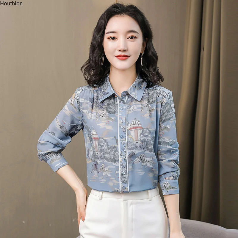 Spring Long-sleeved Blouse Button Satin Shirt Retro Printing New Fashion Casual Lapel Wire Loose Top Houthion
Spring Long-sleeved Blouse Button Satin Shirt Retro Printing New Fashion Casual Lapel Wire Loose Top Houthion