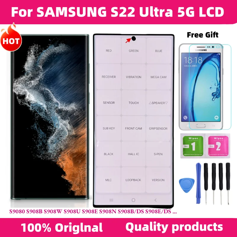 

Original AMOLED For Samsung Galaxy S22 Ultra LCD Diaplay 5G S908B S908E S908U S908N Touch Screen Digitizer Replacement Parts
