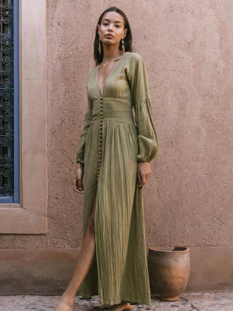 Bonlady Retro V-neck Lantern Sleeve Long Dress Waist Pleated Loose Temperament Dress White Dress Green Dress Summer Dress Women
Bonlady Retro V-neck Lantern Sleeve Long Dress Waist Pleated Loose Temperament Dress White Dress Green Dress Summer Dress Women