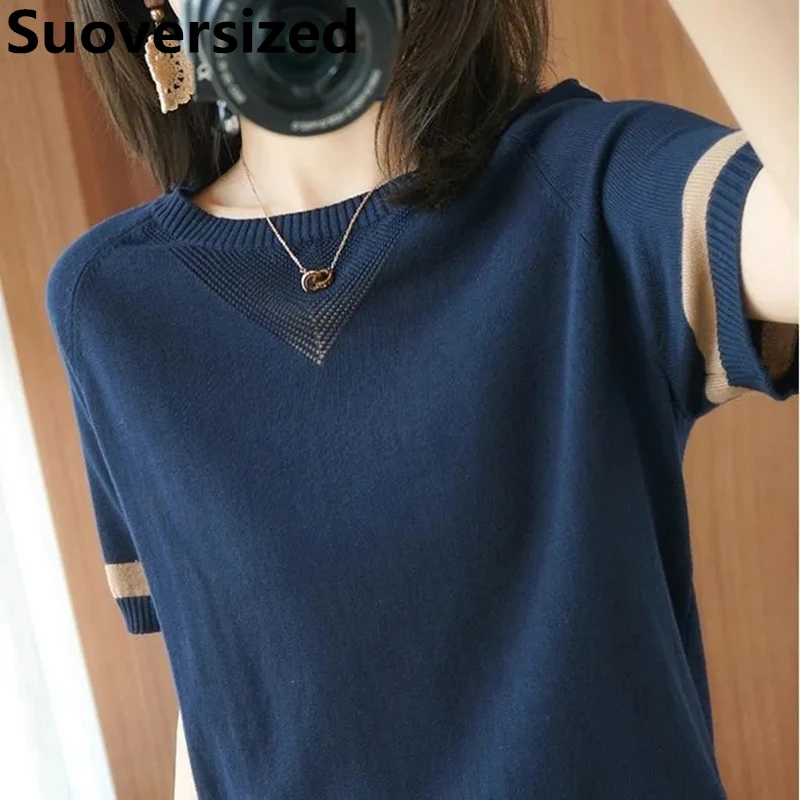 Oversized 4xl Women's Short Sleeve Knitted Tops Summer Thin Casual Ice Silk T-shirts Korean O Neck Stretch Spliced T Shirt
Oversized 4xl Women's Short Sleeve Knitted Tops Summer Thin Casual Ice Silk T-shirts Korean O Neck Stretch Spliced T Shirt