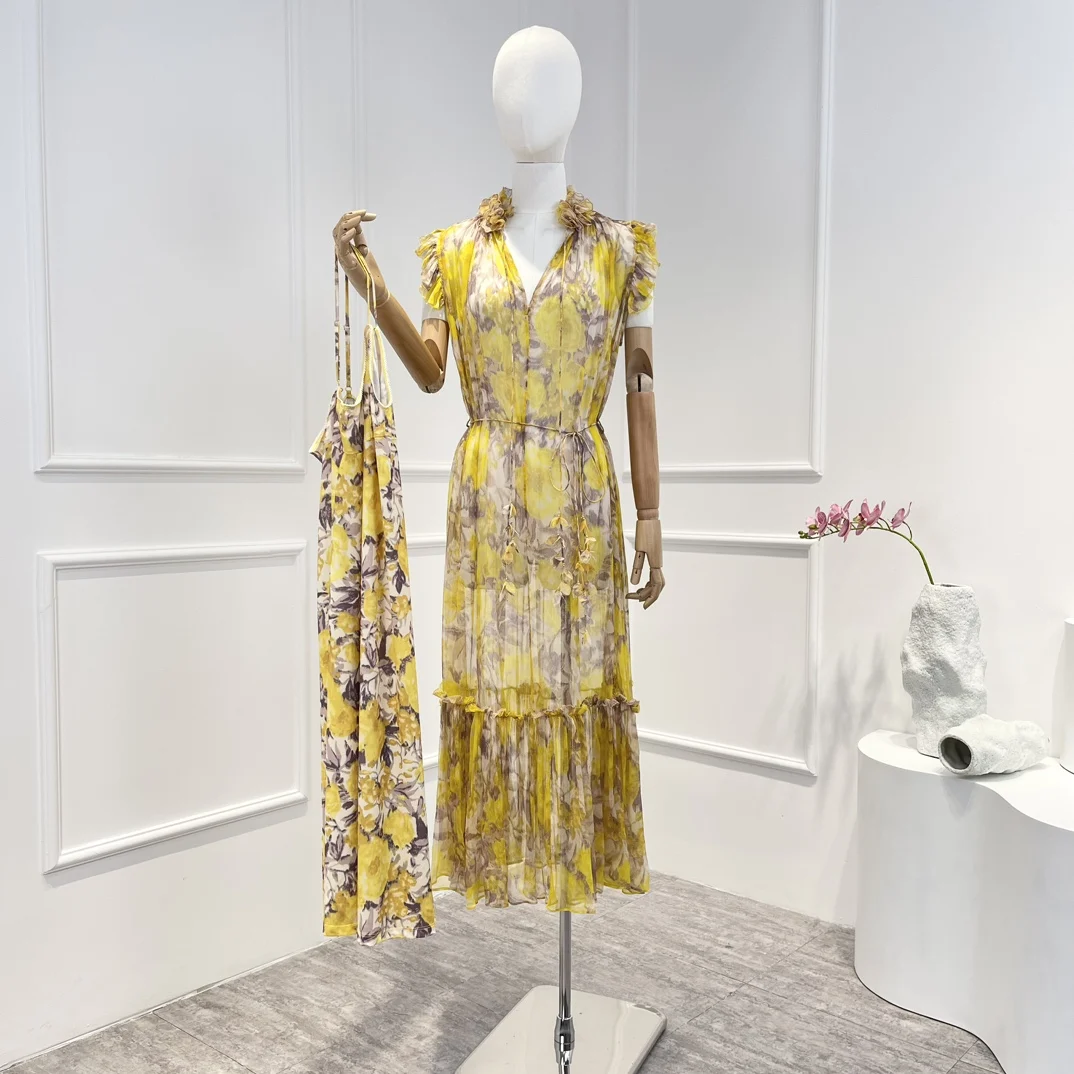 Latest 2023 New Spring Summer Top Quality Natural Silk Yellow Floral Print Beach Style Frill Ruffle Appliques Midi Dress Women
Latest 2023 New Spring Summer Top Quality Natural Silk Yellow Floral Print Beach Style Frill Ruffle Appliques Midi Dress Women