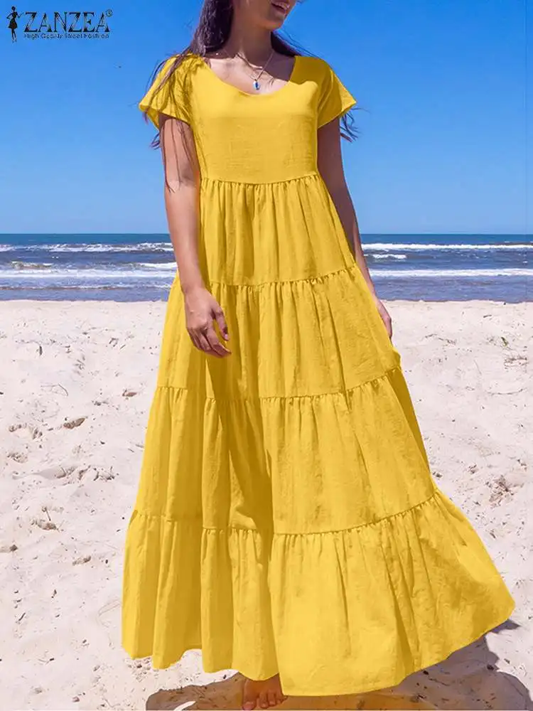 

ZANZEA Fashion Pleated Tiered Sundress Vacation Women Solid Casual Long Robes A-line Short Sleeve Summer Scoop Neck Maxi Dress