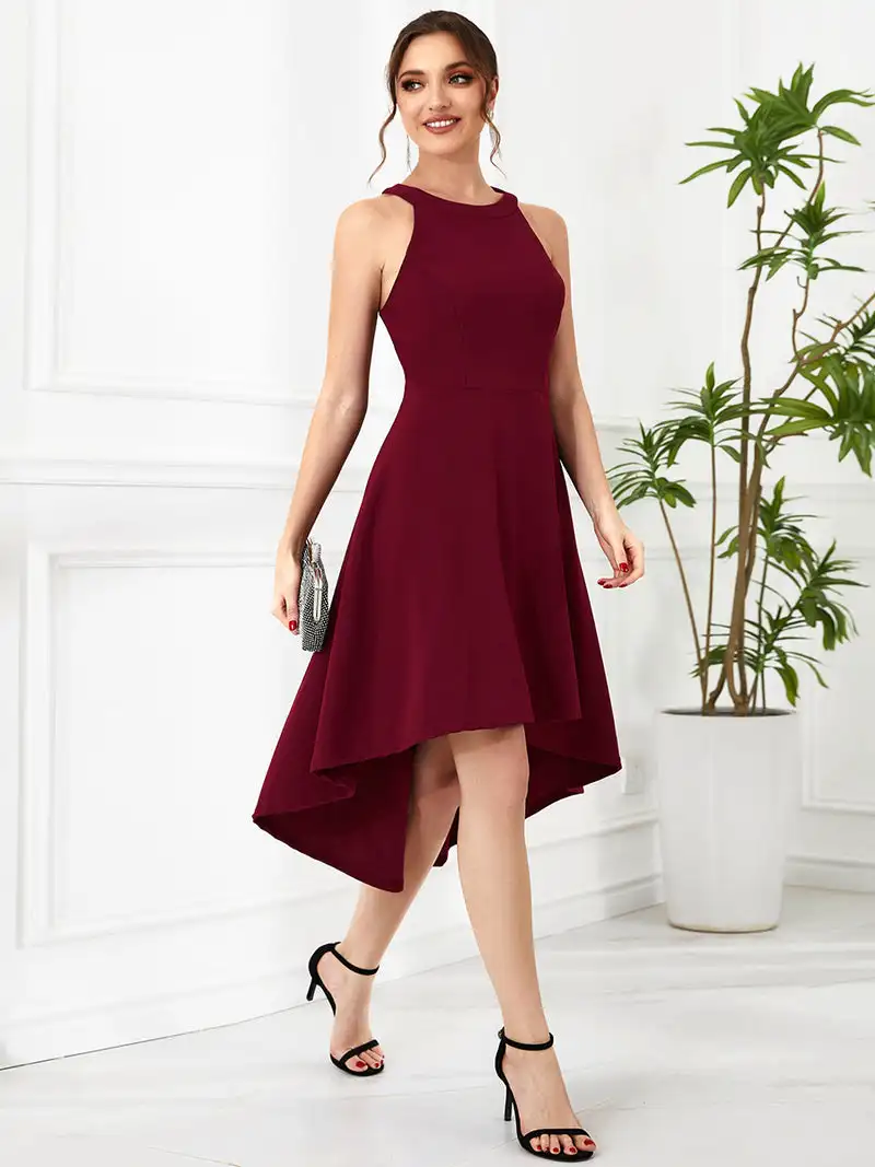 

Elegant Evening Dresses Round Neck Knee Length Asymmetrical Hem 2023 Ever Pretty of Short skirt Burgundy Bridesmaid Dresses