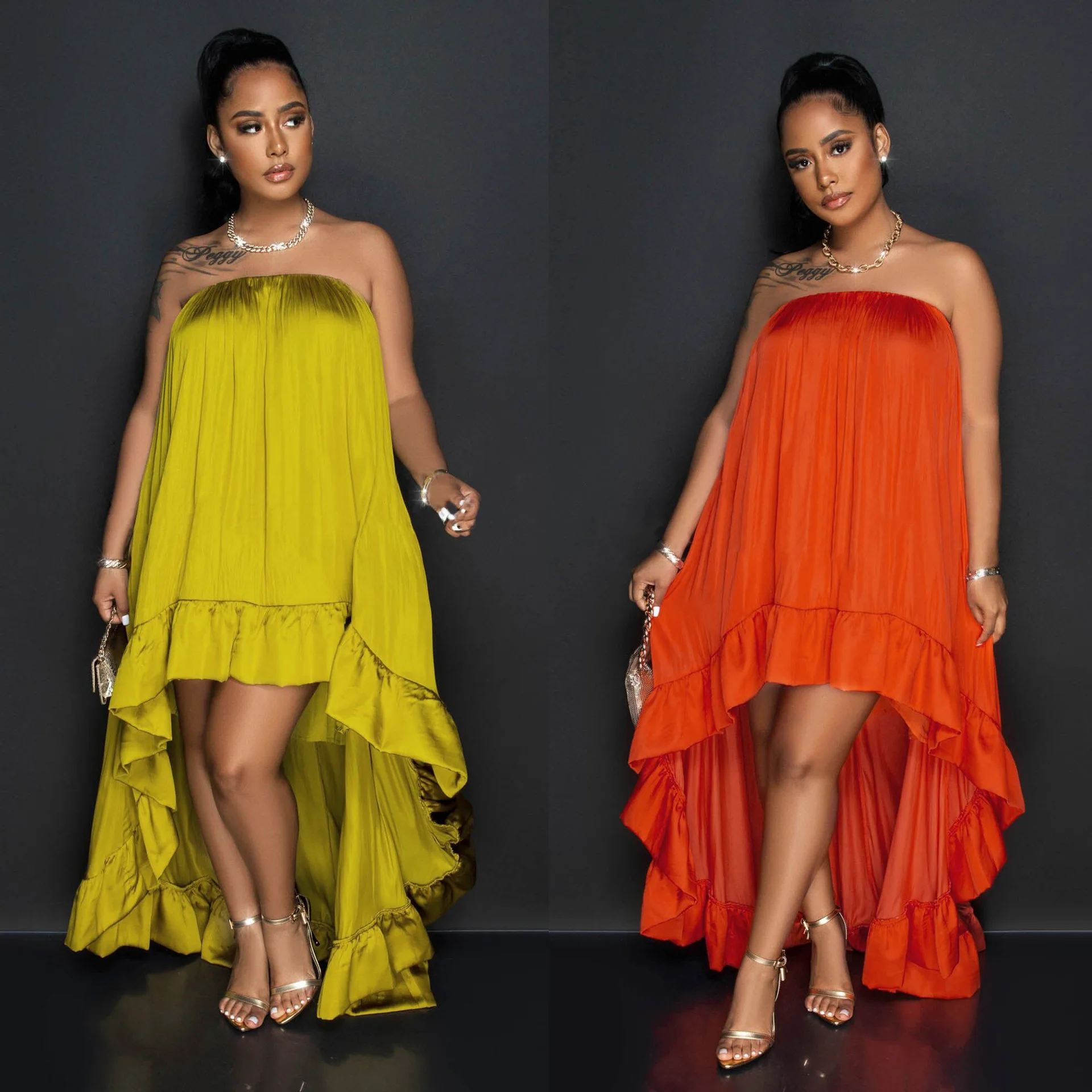 Women's Satin Strapless Irregular Loose Ruffles Hem Maxi Dress 2023 Summer Fashion Sexy One Shoulder Evening Party Gown Dresses
Women's Satin Strapless Irregular Loose Ruffles Hem Maxi Dress 2023 Summer Fashion Sexy One Shoulder Evening Party Gown Dresses