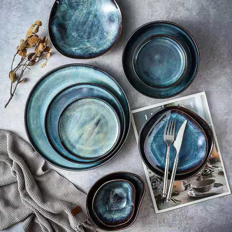 

Reactive Glaze Starry Blue Nordic Ceramic Plate Serving Round Tray Decorative Salad Dessert Plate Porcelain Tableware Dinner Set