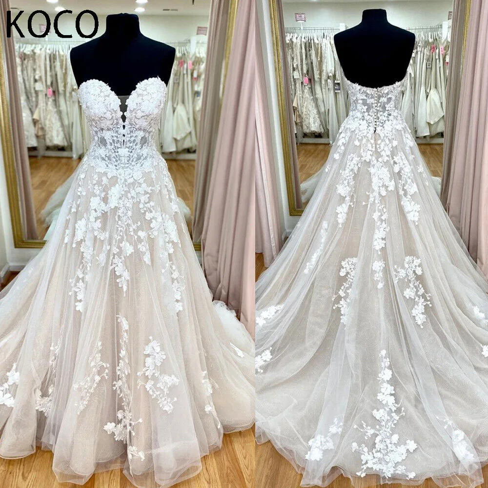 

MACDOUGAL Lace Boho Wedding Dresses Strapless A Line Sweetheart Bridal Gowns Sweep Train vestido de noiva robe de mariée Custom