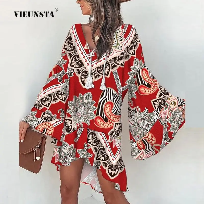 Female Boho Party Dress Streetwear Mujer 2023 New Women Vintage Tassel Print Women Dress Fashion Casual Loose V-Neck Beach Dress
Female Boho Party Dress Streetwear Mujer 2023 New Women Vintage Tassel Print Women Dress Fashion Casual Loose V-Neck Beach Dress