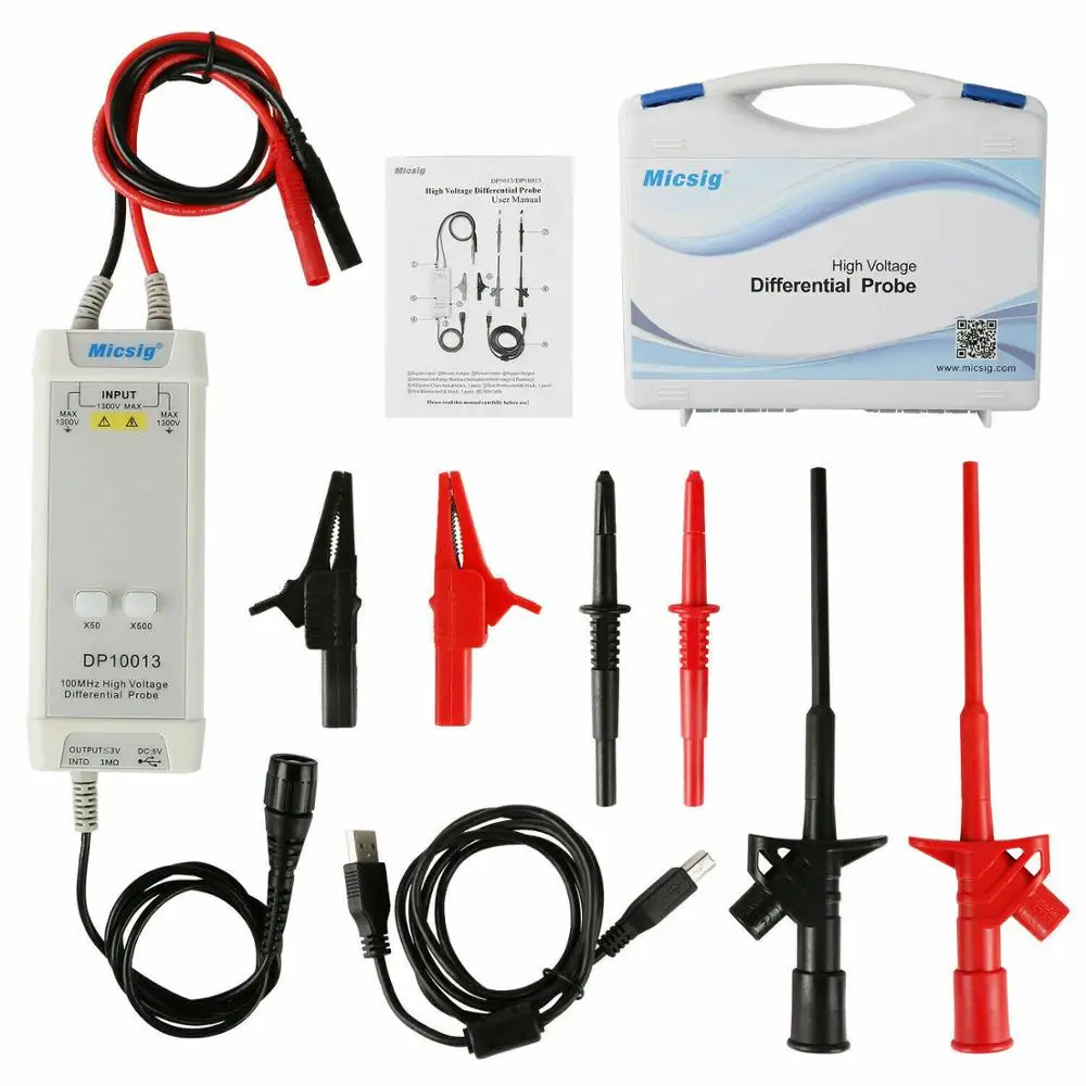 NEW Micsig Oscilloscope 1300V 100MHz High Voltage Differential Probe Kit 3.5ns Rise Time 50X/500X Attenuation Rate DP10013 
NEW Micsig Oscilloscope 1300V 100MHz High Voltage Differential Probe Kit 3.5ns Rise Time 50X/500X Attenuation Rate DP10013