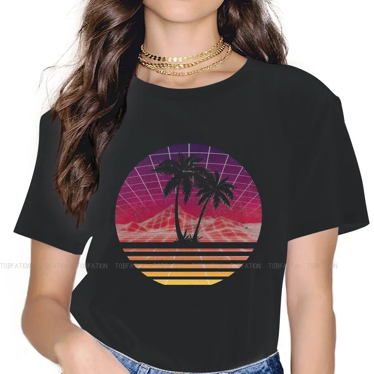 

Sun 100% Cotton TShirts Modern Retro 80s Outrun Sunset Palm Tree Silhouette Original Woman's T Shirt 4XL Tops