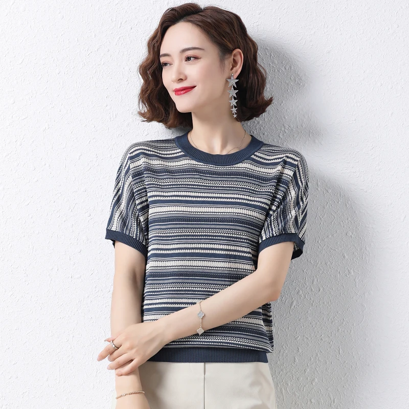 Ice silk knitted short sleeve ladies thin blouse summer 2022 new bat sleeve loose striped T-shirt 
Ice silk knitted short sleeve ladies thin blouse summer 2022 new bat sleeve loose striped T-shirt