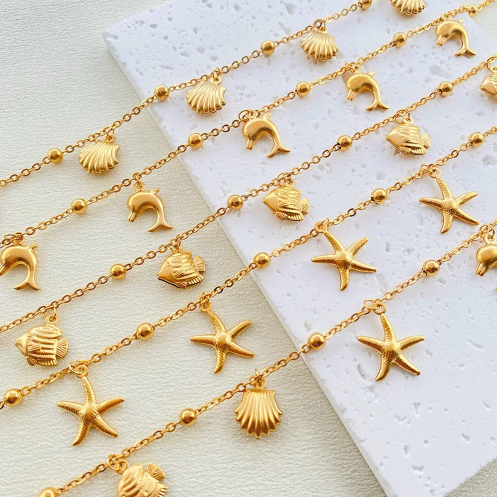 

304 Stainless Steel Link Cable Chain Anklet Gold Color Marine Animal Dolphin Starfish For Women Beach 21cm(8 2/8") Long, 1 Piece