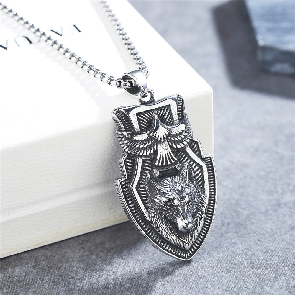 

Retro Viking Shield Flying Eagle Wolf Head Pendant Necklace Punk Stainless Steel Wolf Necklace For Men Fashion Hip Hop Jewelry