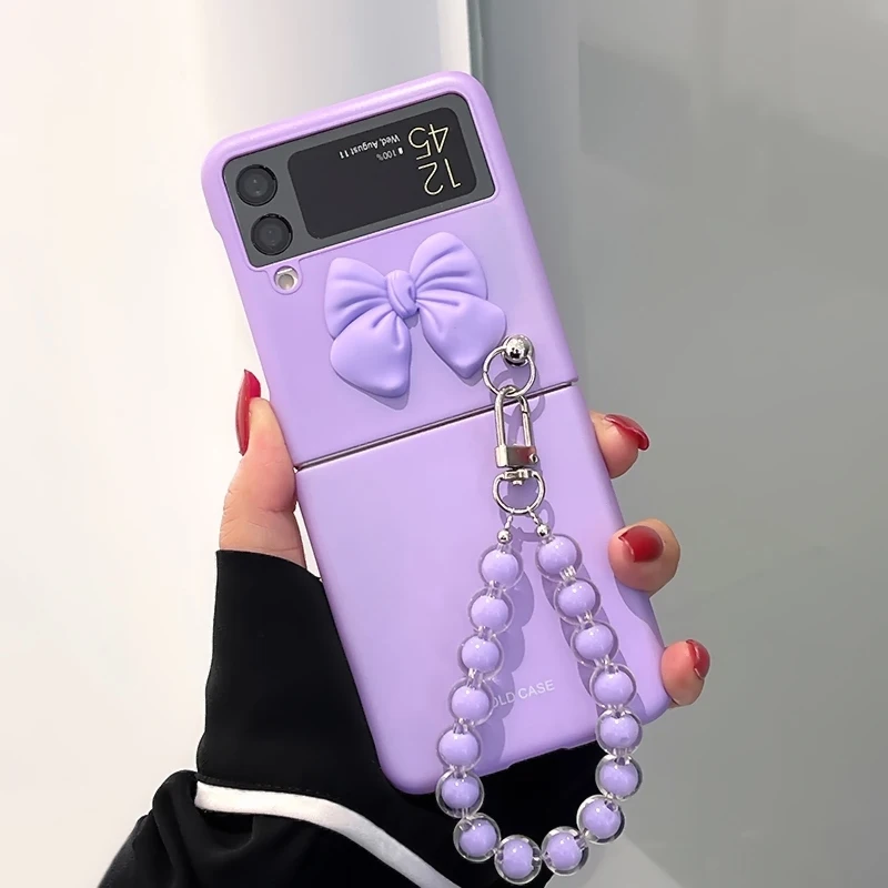 

For Samsung Galaxy Z Flip 3 Flip3 5G Fashion Cute Purple Bowknot Love Heart Back Hard Case Cover With Beads Hand Chain Bracelet