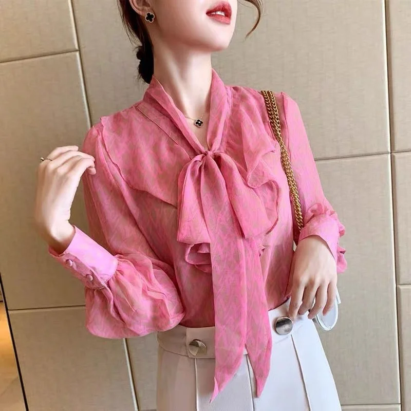 Office Shirt Women's Spring Fall Pink Blouses Long-sleeve Spring Autumn Blouse New Korean Printed Chiffon Shirts Ribbon Bow Top
Office Shirt Women's Spring Fall Pink Blouses Long-sleeve Spring Autumn Blouse New Korean Printed Chiffon Shirts Ribbon Bow Top