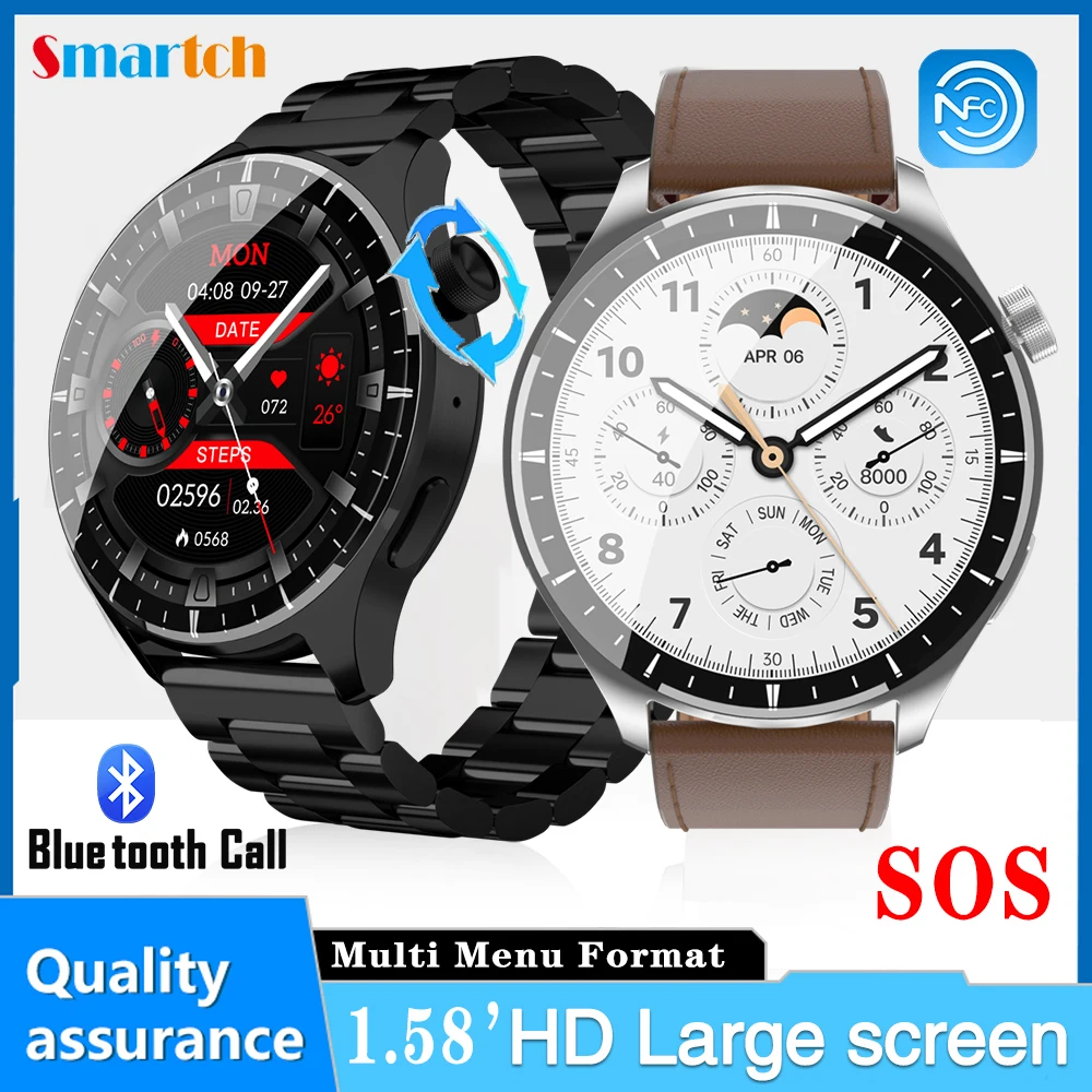 

1.58”AMOLED Smartwatch Information BT Call NFC Health Monitoring Mini Game AI Voice Sport Men Waterproof Smart Watch SOS Music