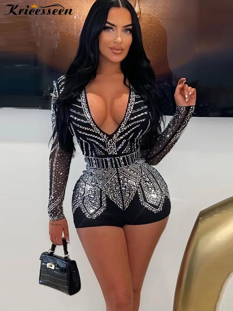 

Kricesseen Gorgeous Deep V Neck Sheer Mesh Rhinestone Playsuits New Chic Crystal Rompers Night Clubwear Birthday Party Outfits