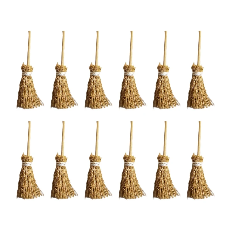 

12Pcs Miniature Artificial Mini Straw Broom Dollhouse Halloween Hanging Decor