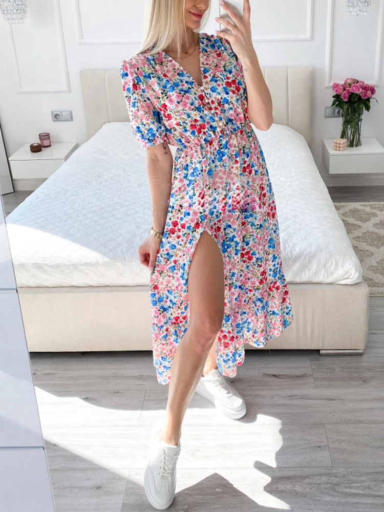 Summer Elegant Floral Printed Button Dress Ladies Fashion Short Sleeve V-Neck Slit Sweet Dress Casual Office Women Loose Dresses
Summer Elegant Floral Printed Button Dress Ladies Fashion Short Sleeve V-Neck Slit Sweet Dress Casual Office Women Loose Dresses