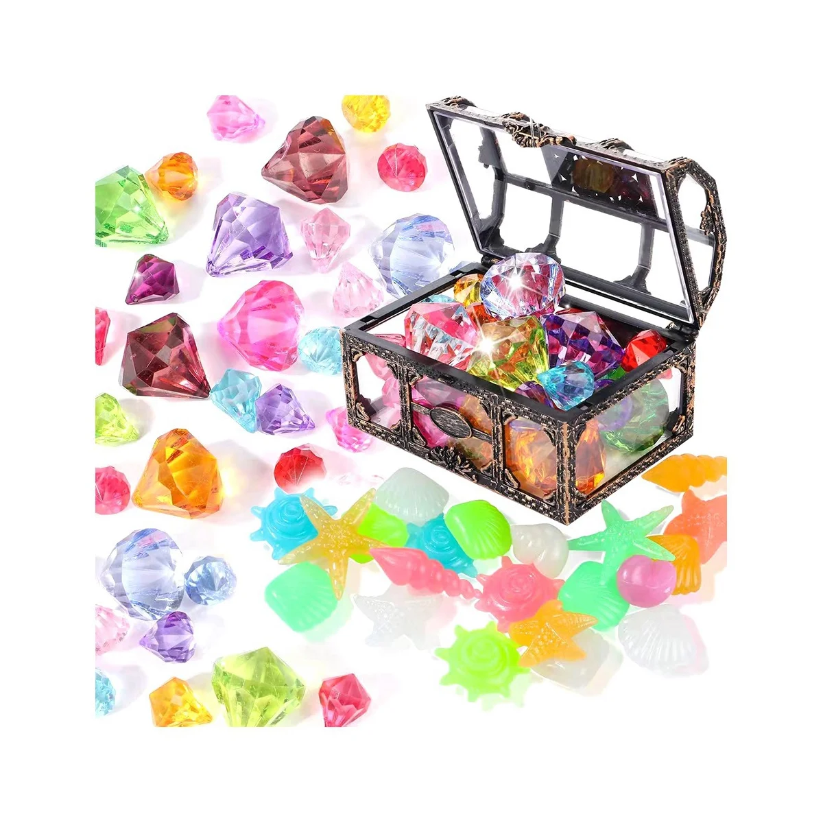 

40Pcs Diving Gem Pool Toys Include Colorful Diamonds Set Dive Toy Treasure Chest Underwater Swimming Toy Gem Pirate Box