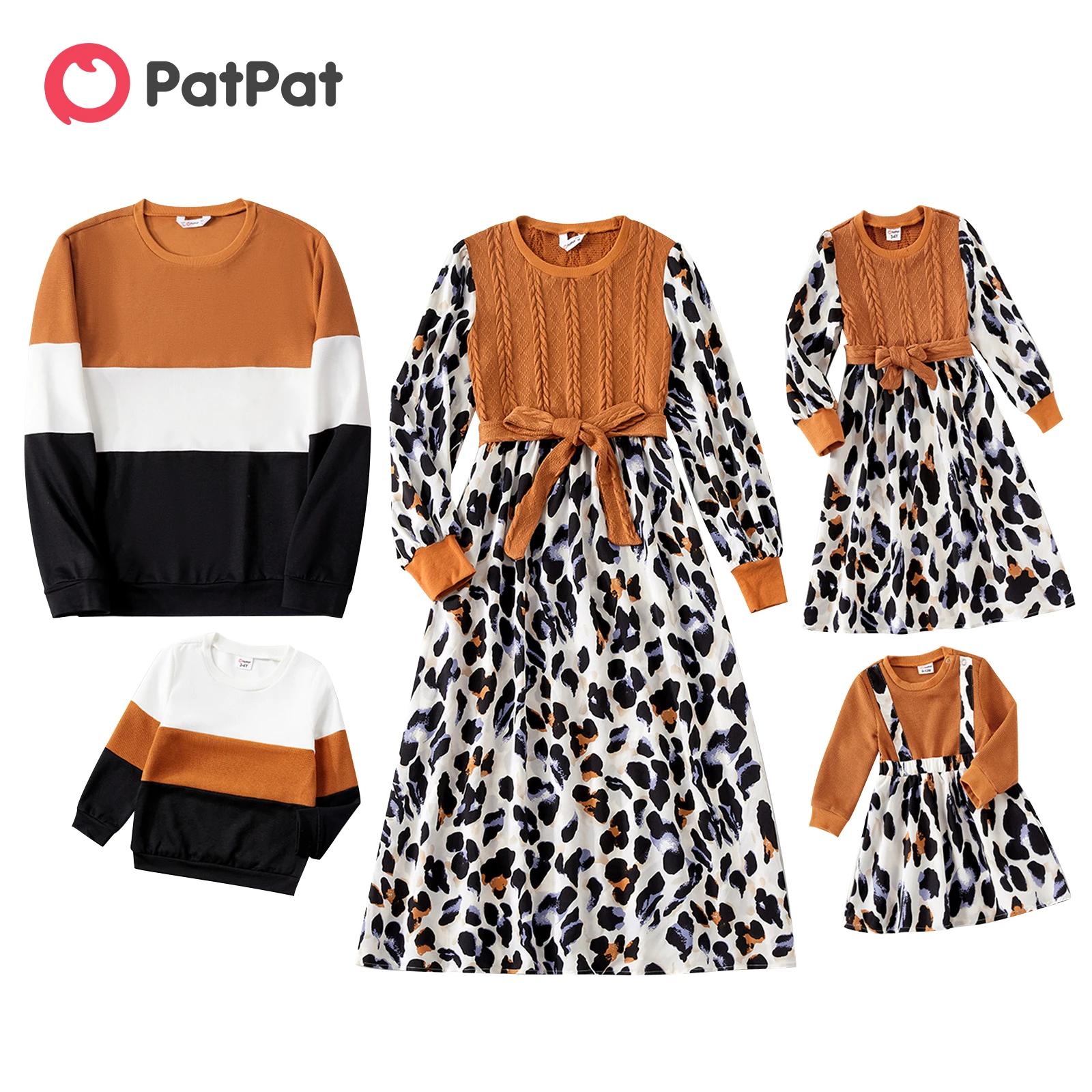 

PatPat Family Matching Outfits Leopard Print Spliced Cable Knit Belted Midi Dresses and Long-sleeve Colorblock Sweatshirts Sets