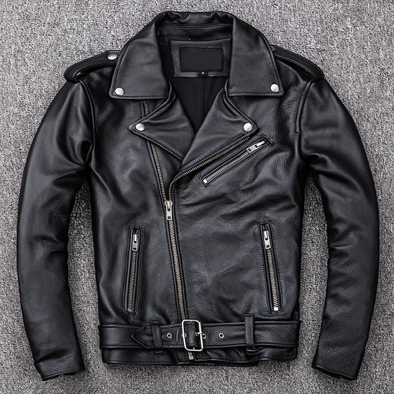 

Spring Classical Motorcycle Oblique Zipper Jackets Men Leather Jacket Natural Calf Skin Thick Slim Cowhide Moto Biker Jacket Man