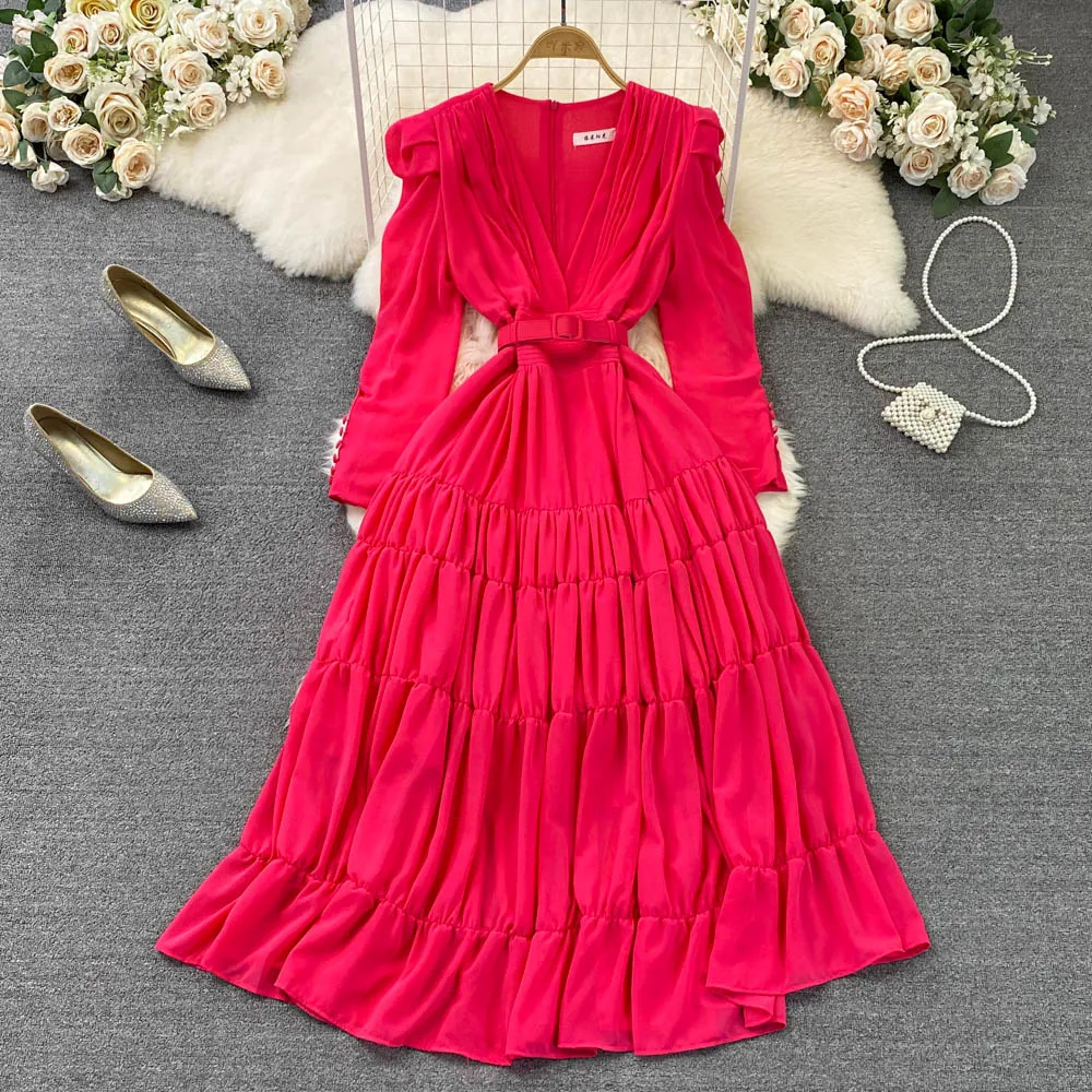 New Spring Autumn Women Sexy V-Neck Long Sleeve Belt Slim Long Dress High Quality Fashion Folds Big Hem Evening Party Dress
New Spring Autumn Women Sexy V-Neck Long Sleeve Belt Slim Long Dress High Quality Fashion Folds Big Hem Evening Party Dress
