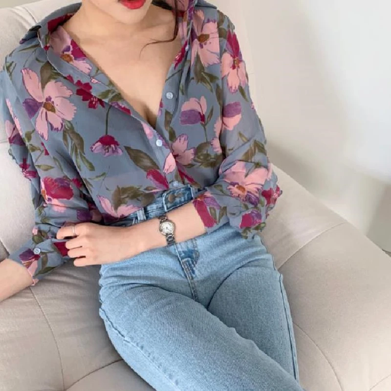 

Fashion Lapel Printed Shirt Mid-length Temperament Commuter Chiffon Long-sleeved Top Loose High Street Shirts for Women Y2k