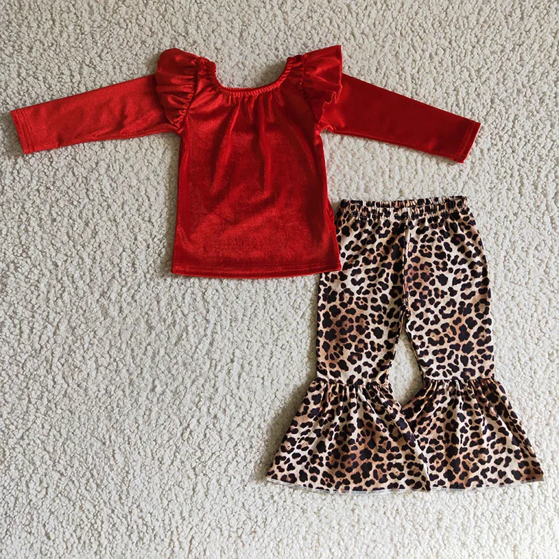 Boutique baby girl clothing set gold velvet red shirt with leopard girl's flared pants wholesale toddler children's clothing
Boutique baby girl clothing set gold velvet red shirt with leopard girl's flared pants wholesale toddler children's clothing