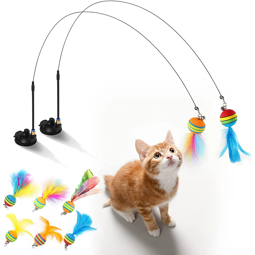 

Игрушки для кошек, Интерактивная забавная палочка с перьями и шариками на присоске, замена перьев с колокольчиками для домашних упражнений для кошек и котят