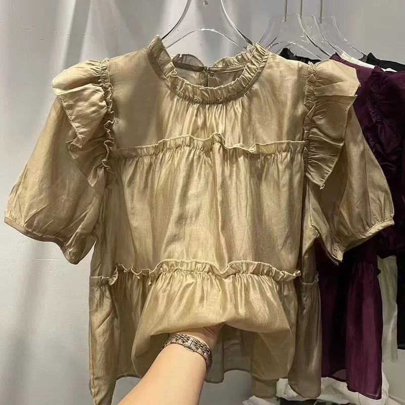 High Quality Purple Ruffle Edge Sky Silky Shirt Blouse Women's Summer 2023 Short Sleeve New Fashion Korean Style Chif
High Quality Purple Ruffle Edge Sky Silky Shirt Blouse Women's Summer 2023 Short Sleeve New Fashion Korean Style Chif
