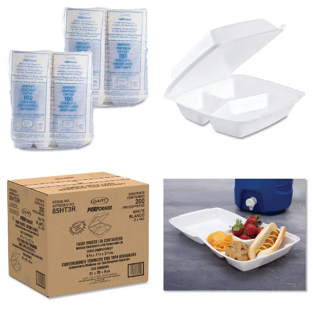 Inches Elegant Foam Commercial Containers With Hinged Lid, 3 Compartment, 8.38 x 7.78 x 3.25 Inches, 200 Per Carton - Perfect fo
Inches Elegant Foam Commercial Containers With Hinged Lid, 3 Compartment, 8.38 x 7.78 x 3.25 Inches, 200 Per Carton - Perfect fo