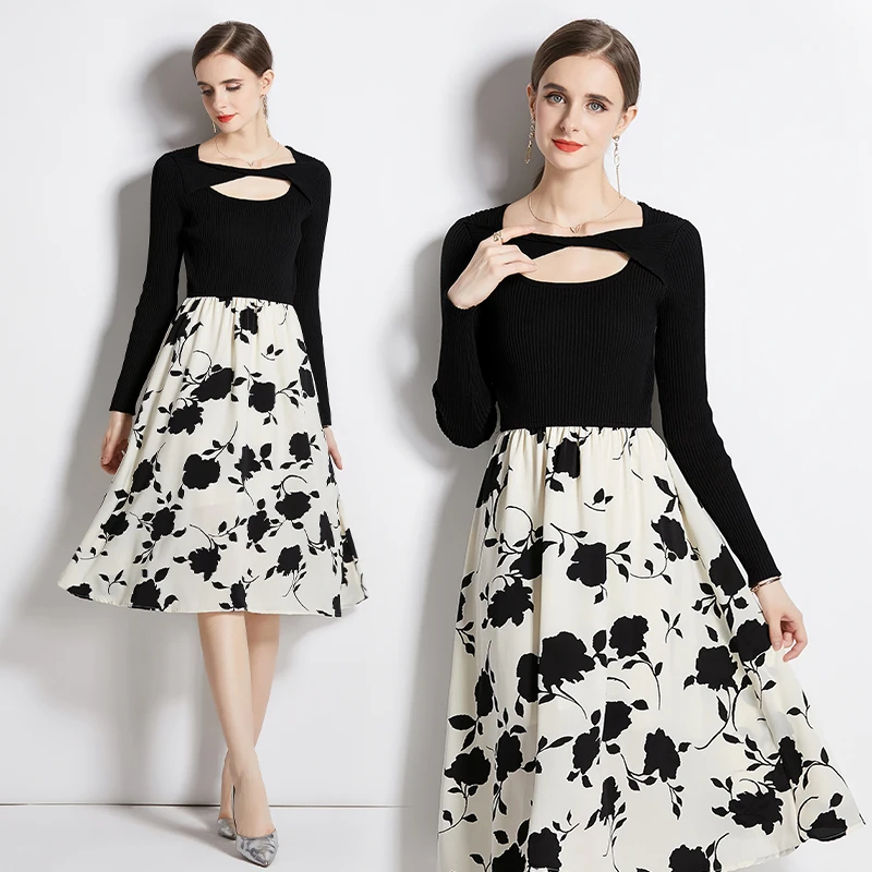 Autumn new ladies floral stitching knitted dress French retro long sleeve QP6603068
Autumn new ladies floral stitching knitted dress French retro long sleeve QP6603068