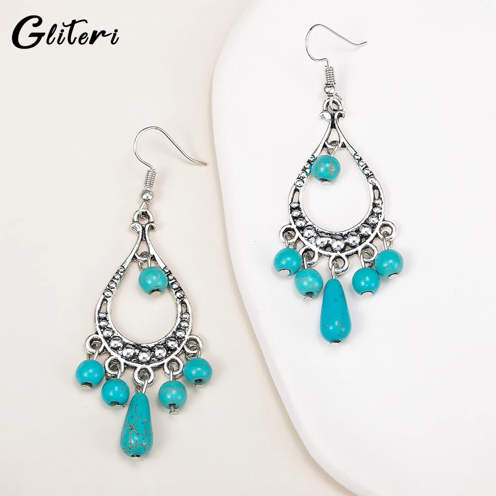 

GEITERI Vintage Bohemia Turquoise Earrings For Women Girls Silver Color Crystal Stones Tassel Drop Earrings Charm Jewelry Female