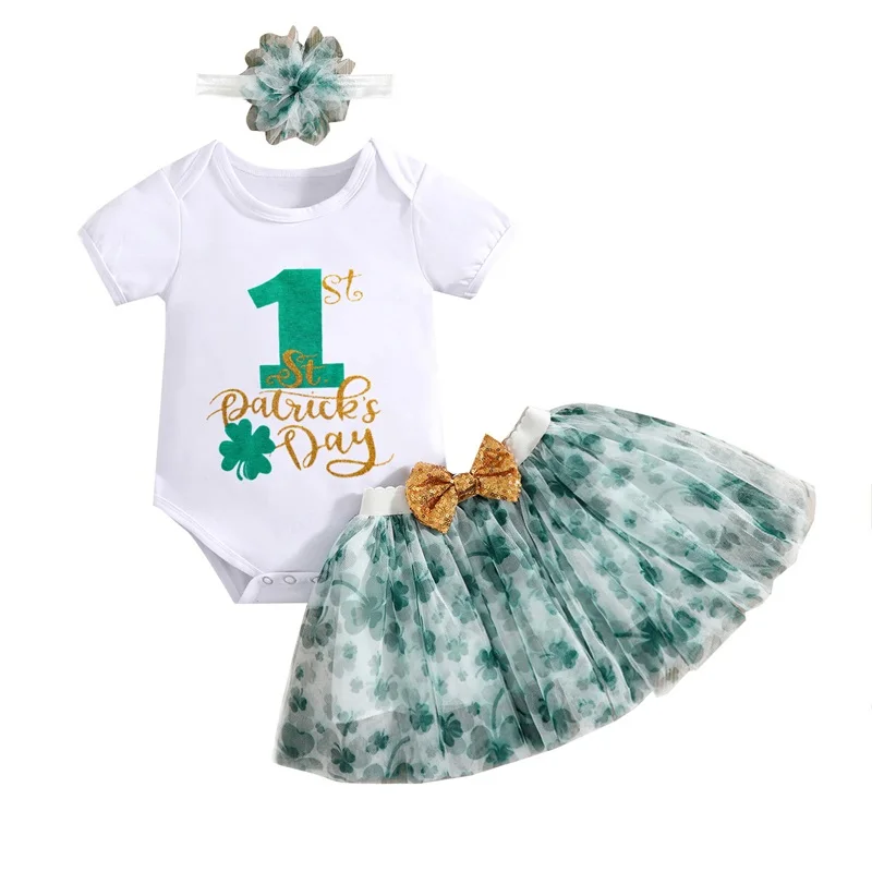 3Pcs Baby Girls Outfit, Cartoon/Number Print Short Sleeve Romper + Clovers Print Skirt + Headband for Toddler, 0-18 Months
3Pcs Baby Girls Outfit, Cartoon/Number Print Short Sleeve Romper + Clovers Print Skirt + Headband for Toddler, 0-18 Months
