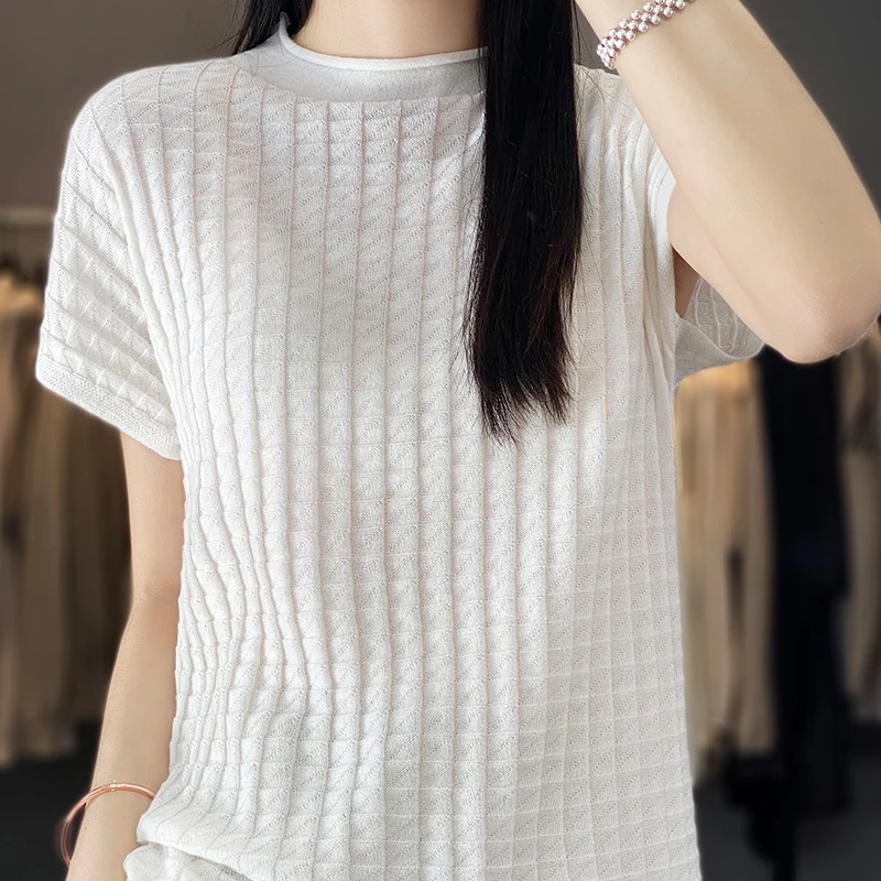 Worsted thin wool short sleeve T-shirt women's knitted rolled edge crewneck top 2023 spring and summer new women's style
Worsted thin wool short sleeve T-shirt women's knitted rolled edge crewneck top 2023 spring and summer new women's style