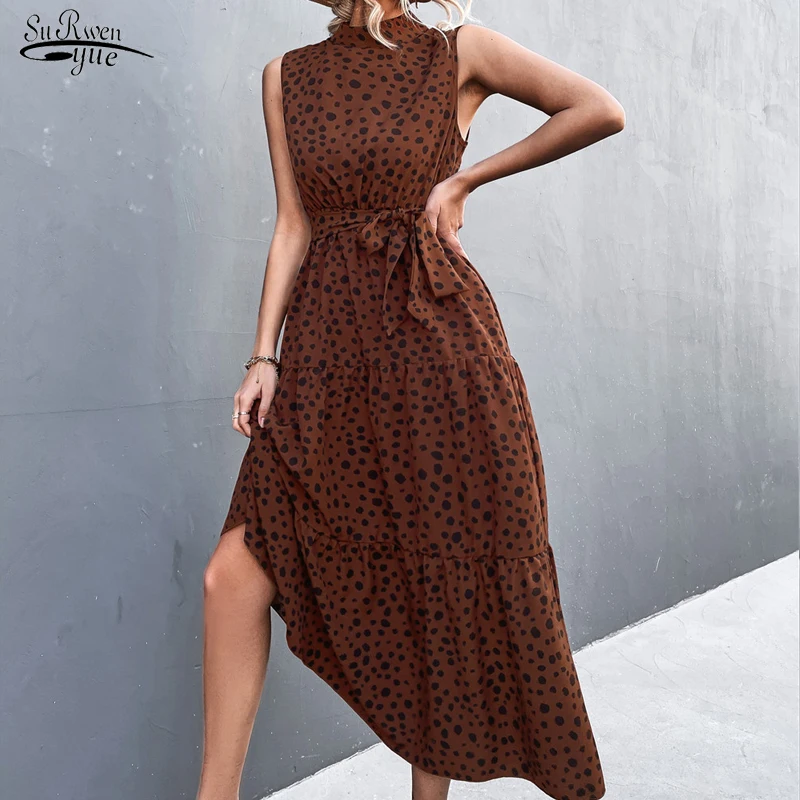 

Elegant Sashes Knotted MIDI Dress Summer Sleeveless Leopard Polka Dot Printed Dress Casual Bandage Office Lady Loose Dress 21666