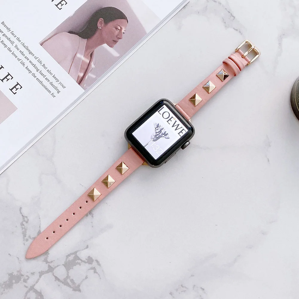 Браслет Korea Style для ремешка Apple Watch 41мм 38мм 40мм iWatch Series 7 6 5 4 3 женский тонкий кожаный ремешок на запястье.