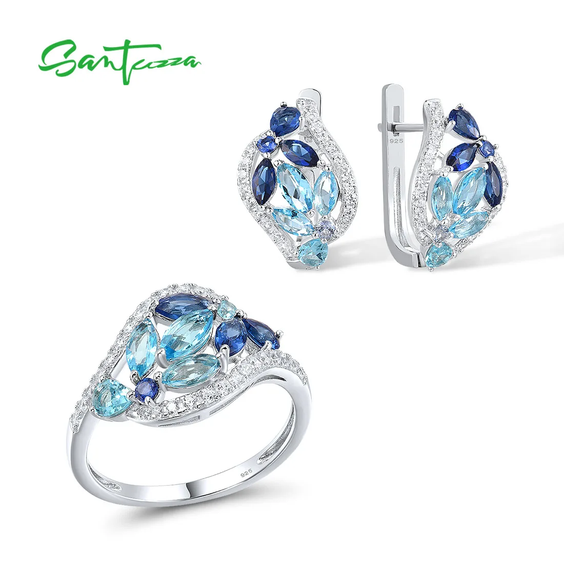 SANTUZZA Solid 925 Sterling Silver Jewelry Set For Women Marquise Blue Stones White CZ Earrings Rings Set Fashion Fine Jewelry
SANTUZZA Solid 925 Sterling Silver Jewelry Set For Women Marquise Blue Stones White CZ Earrings Rings Set Fashion Fine Jewelry