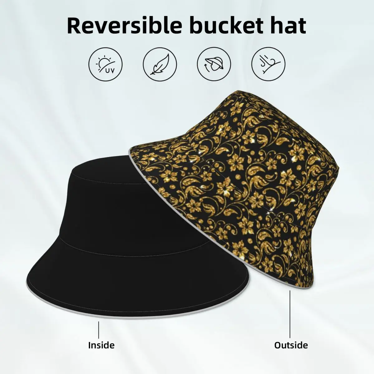Gold Baroque Floral Bucket Hat Flowers Print Double-sided Wear Custom Reflective Fisherman Hats Classic Hawaii Sun Hat
Gold Baroque Floral Bucket Hat Flowers Print Double-sided Wear Custom Reflective Fisherman Hats Classic Hawaii Sun Hat