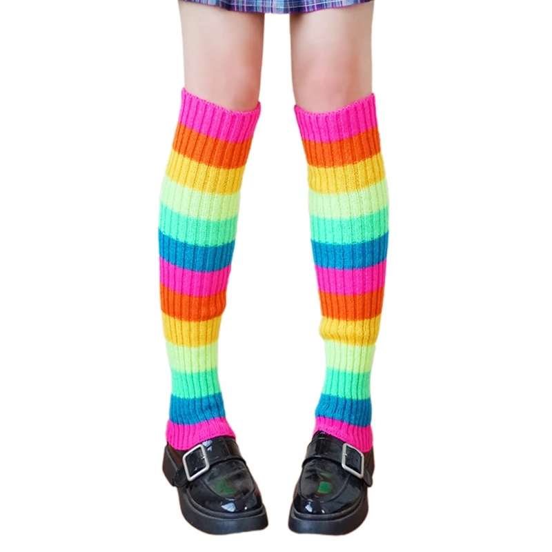 

Women 80s Retro Party Ribbed Knit Leg Warmers Neon Rainbow Multicolor Striped Foot Cover Sleeve Ballet Dance Sport Knee 37JB