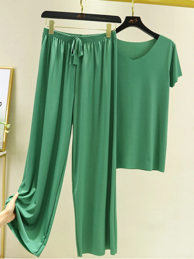 Summer New 2 Piece Sets Womens Outfits V Neck Short Sleeve T Shirt Tops Loose Casual Wide Leg Pants Home Suit Set Woman 2 Pieces
Summer New 2 Piece Sets Womens Outfits V Neck Short Sleeve T Shirt Tops Loose Casual Wide Leg Pants Home Suit Set Woman 2 Pieces