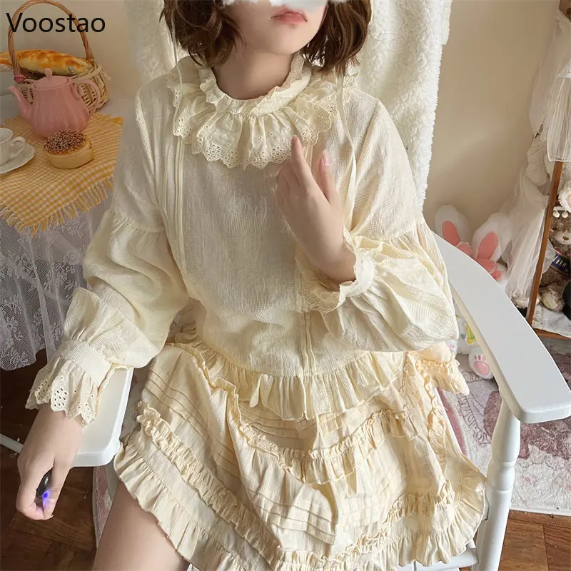 

Блузка женская в японском стиле «Лолита», милая рубашка с кружевными оборками и рукавами-фонариками, Свободный Топ для девушек, весна-осень